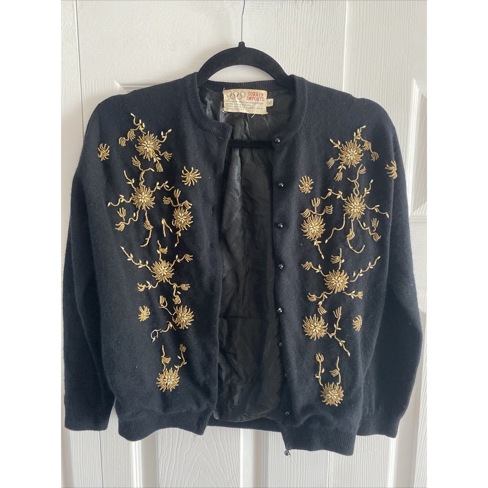 Vintage Black Sweater Cardigan with Gold Floral Embroidery